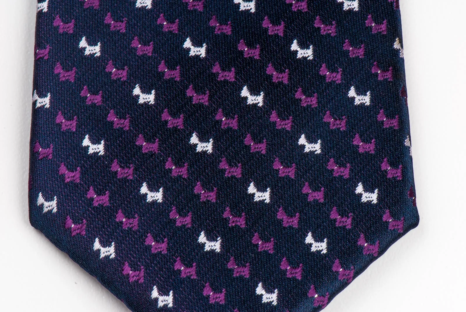 Silk Neck Tie By Clover Purple & Silver Scotty Dogs On Black 2 3/4 Inch