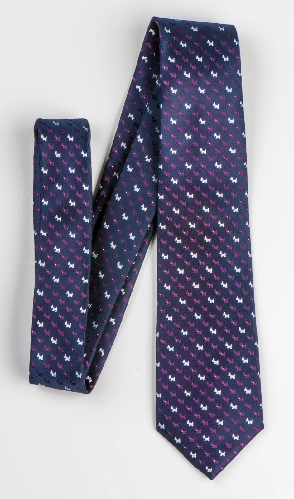 Silk Neck Tie By Clover Purple & Silver Scotty Dogs On Black 2 3/4 Inch