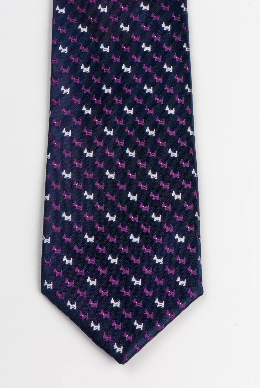 Silk Neck Tie By Clover Purple & Silver Scotty Dogs On Black 2 3/4 Inch