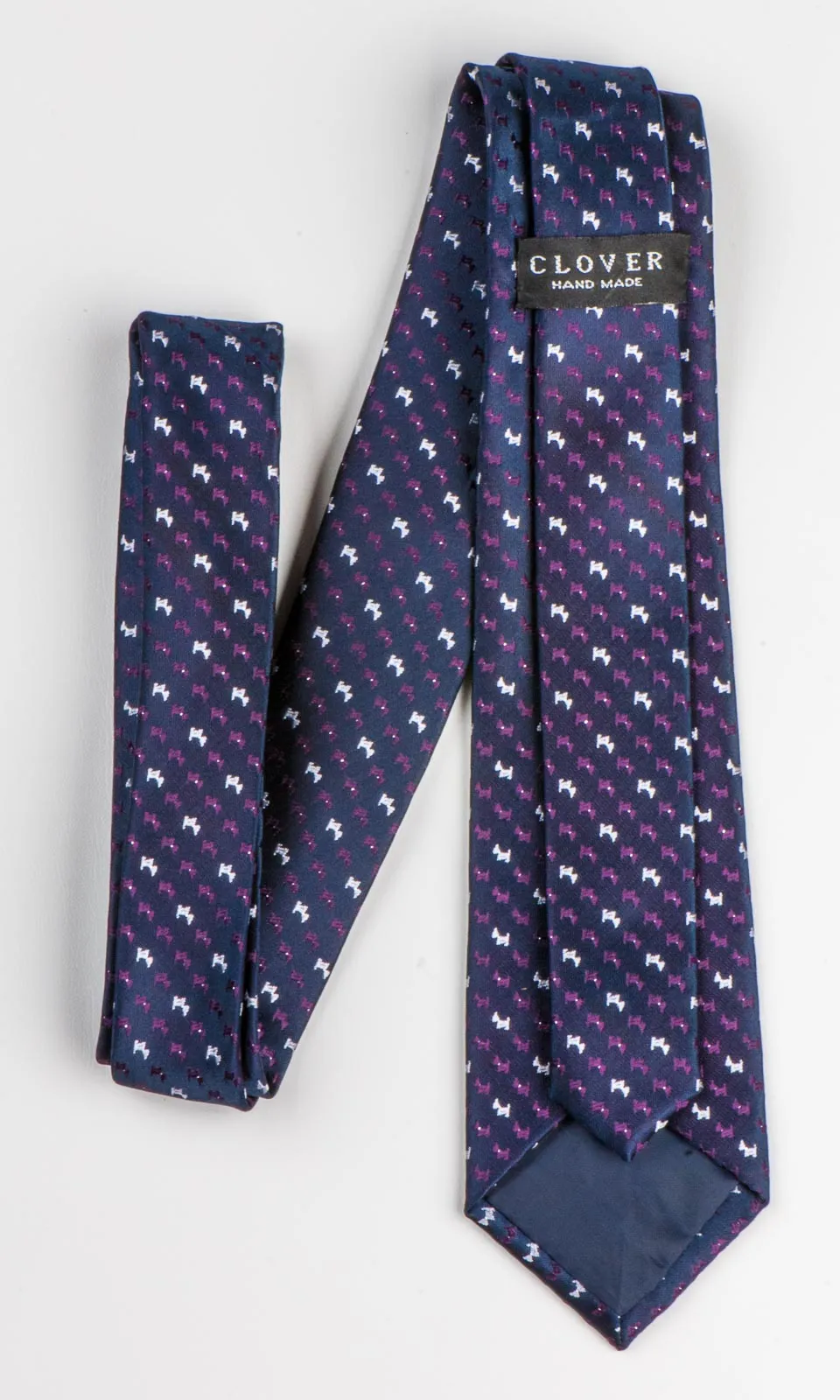 Silk Neck Tie By Clover Purple & Silver Scotty Dogs On Black 2 3/4 Inch