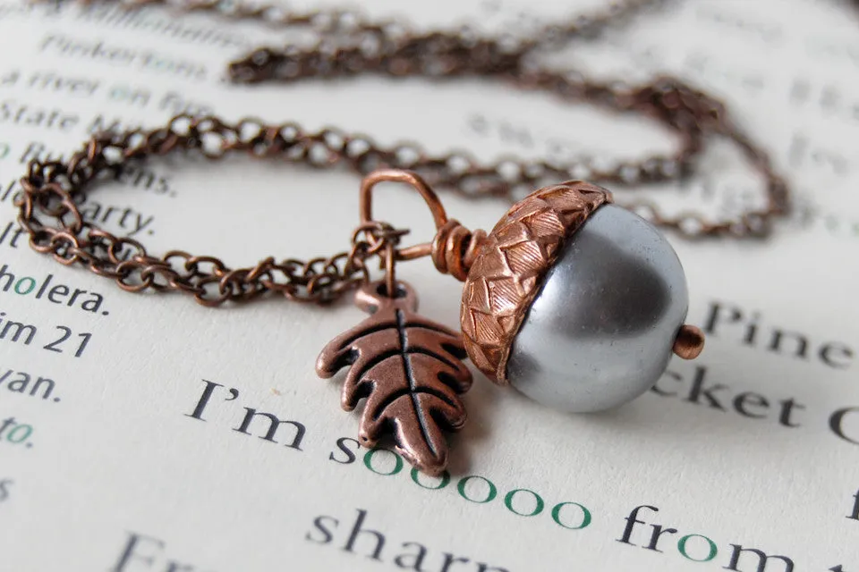 Silver and Copper Pearl Acorn Necklace | Cute Nature Acorn Charm Necklace | Fall Acorn Necklace | Woodland Pearl Acorn | Nature Jewelry