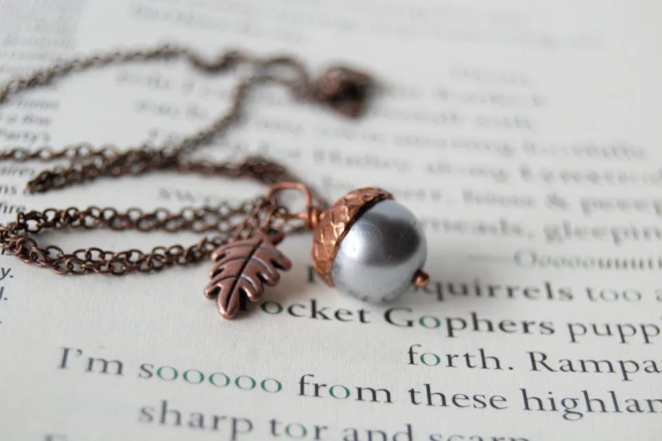 Silver and Copper Pearl Acorn Necklace | Cute Nature Acorn Charm Necklace | Fall Acorn Necklace | Woodland Pearl Acorn | Nature Jewelry