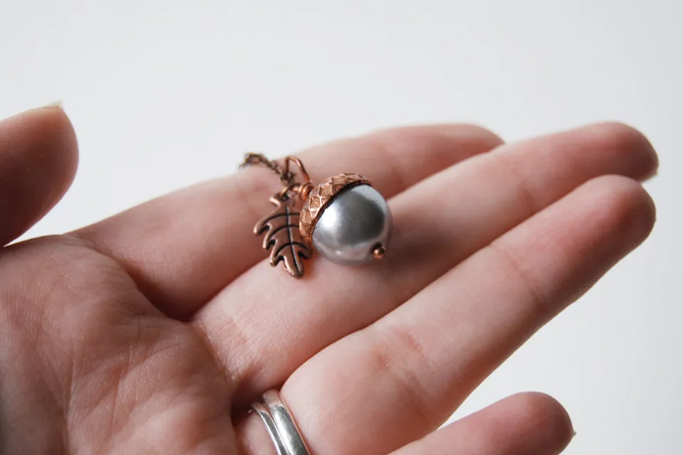 Silver and Copper Pearl Acorn Necklace | Cute Nature Acorn Charm Necklace | Fall Acorn Necklace | Woodland Pearl Acorn | Nature Jewelry