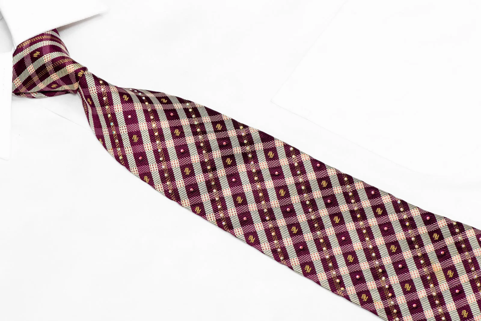 Silver Burgundy Plaid Design Rhinestone Silk Necktie With Sparkles