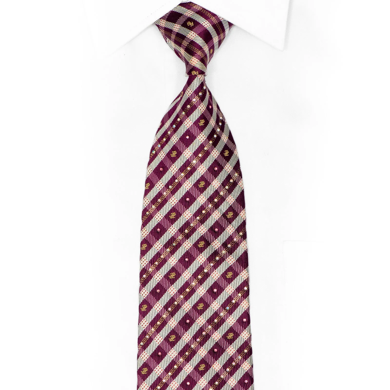 Silver Burgundy Plaid Design Rhinestone Silk Necktie With Sparkles