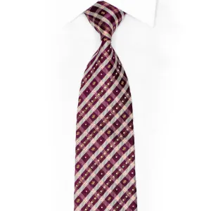 Silver Burgundy Plaid Design Rhinestone Silk Necktie With Sparkles