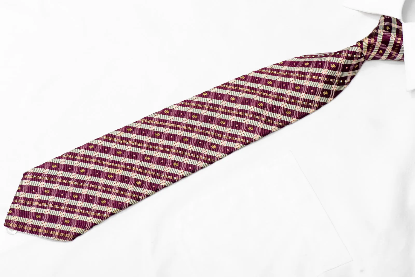 Silver Burgundy Plaid Design Rhinestone Silk Necktie With Sparkles