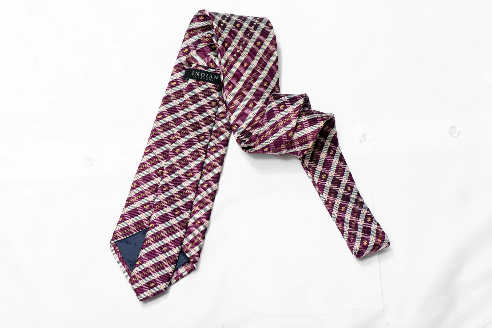 Silver Burgundy Plaid Design Rhinestone Silk Necktie With Sparkles