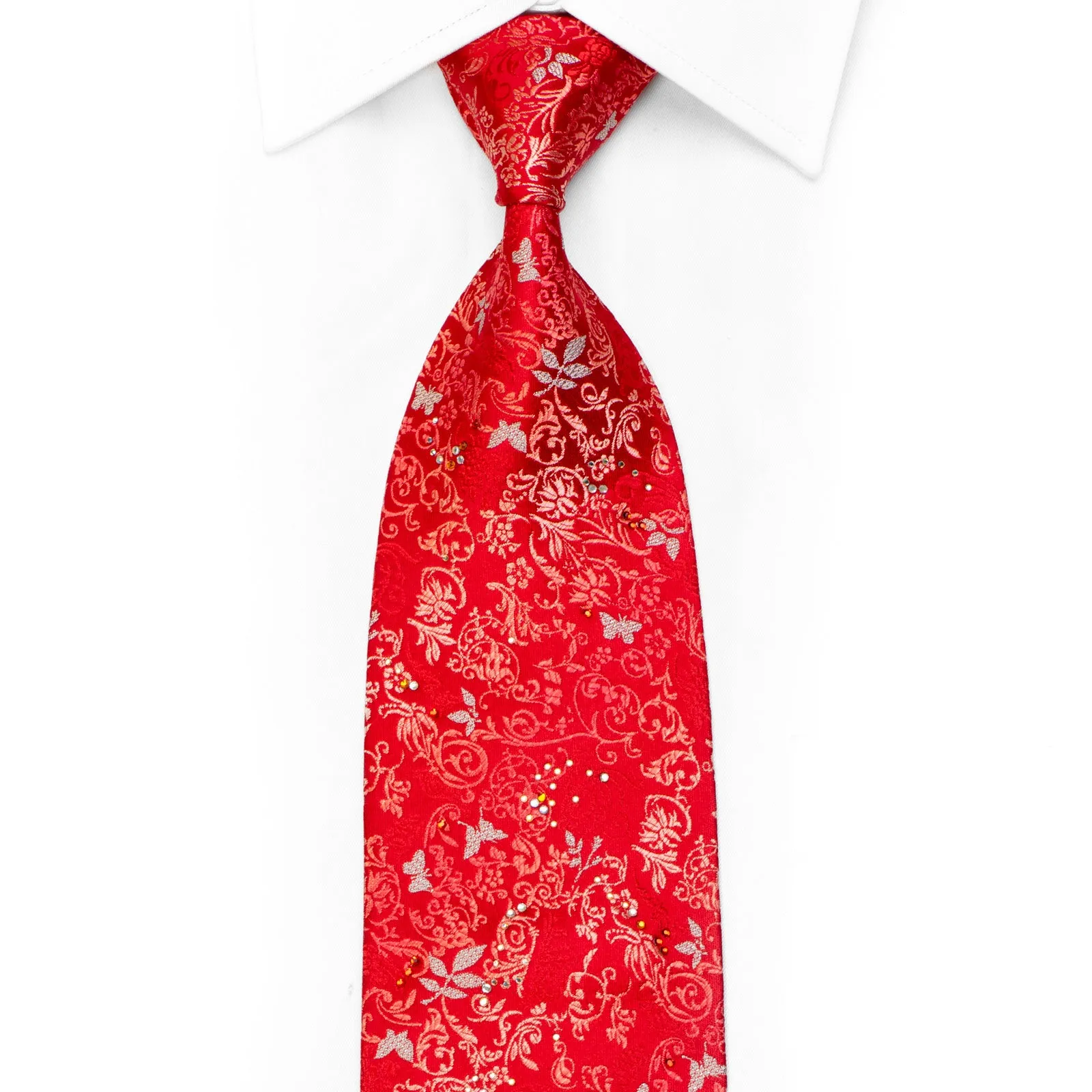 Silver Butterflies & Floral On Red Rhinestone Silk Necktie With Sparkles