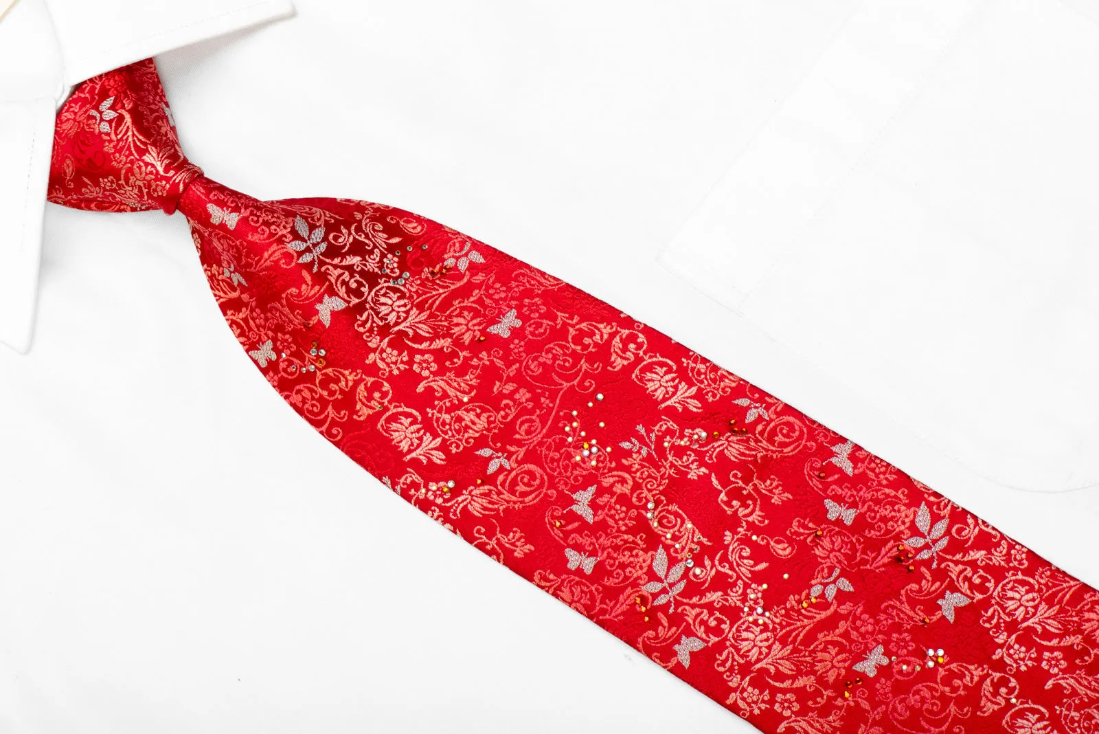 Silver Butterflies & Floral On Red Rhinestone Silk Necktie With Sparkles