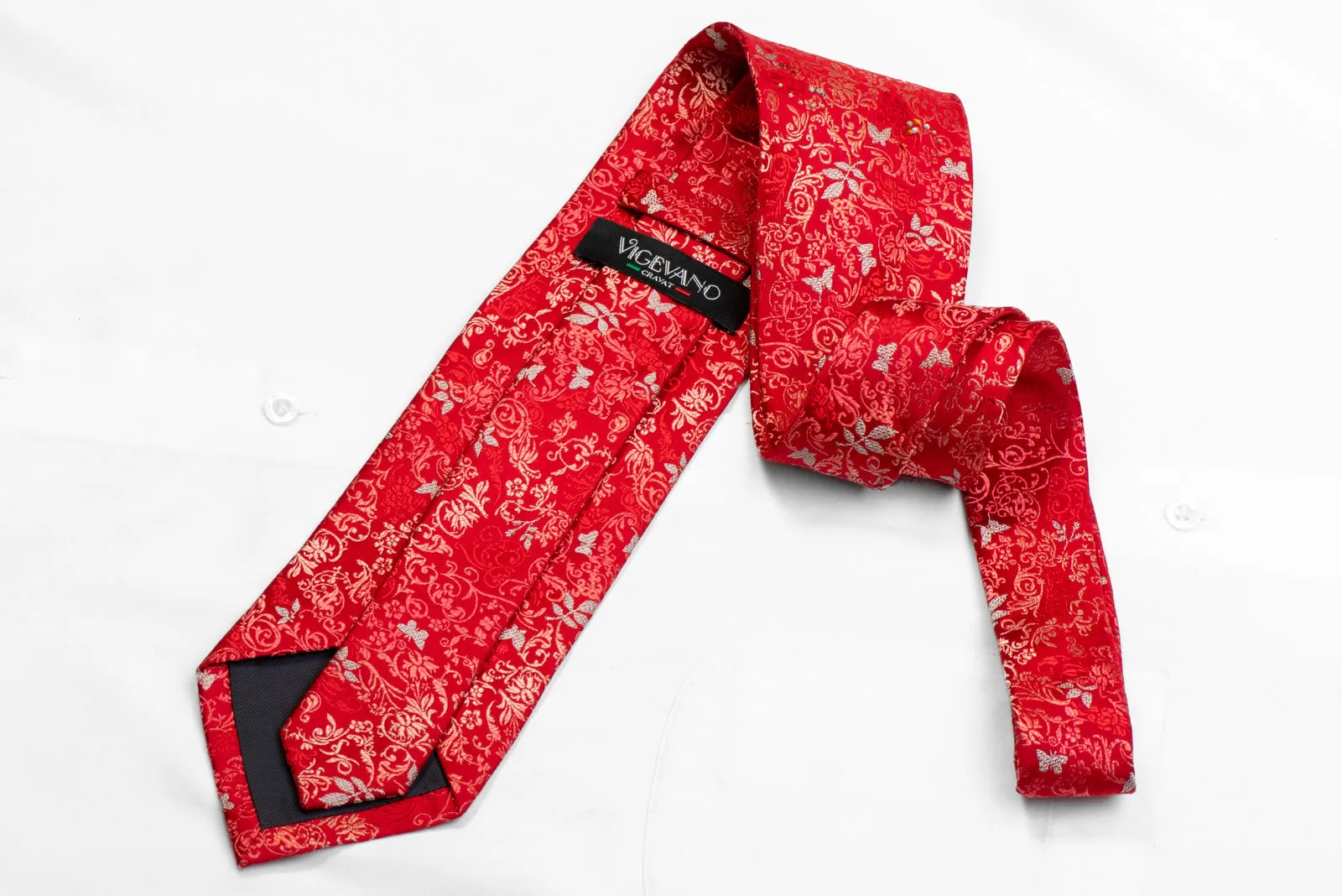 Silver Butterflies & Floral On Red Rhinestone Silk Necktie With Sparkles