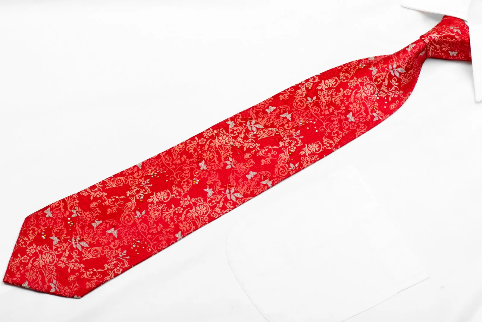 Silver Butterflies & Floral On Red Rhinestone Silk Necktie With Sparkles