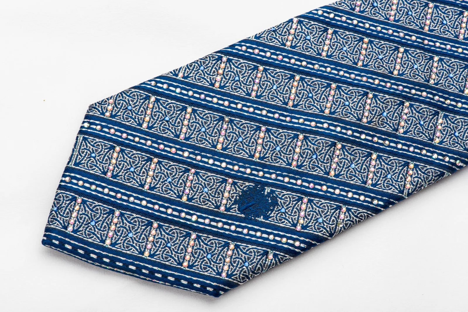 Silver Cartouche & Striped On Blue Rhinestone Silk Necktie With Silver Sparkles