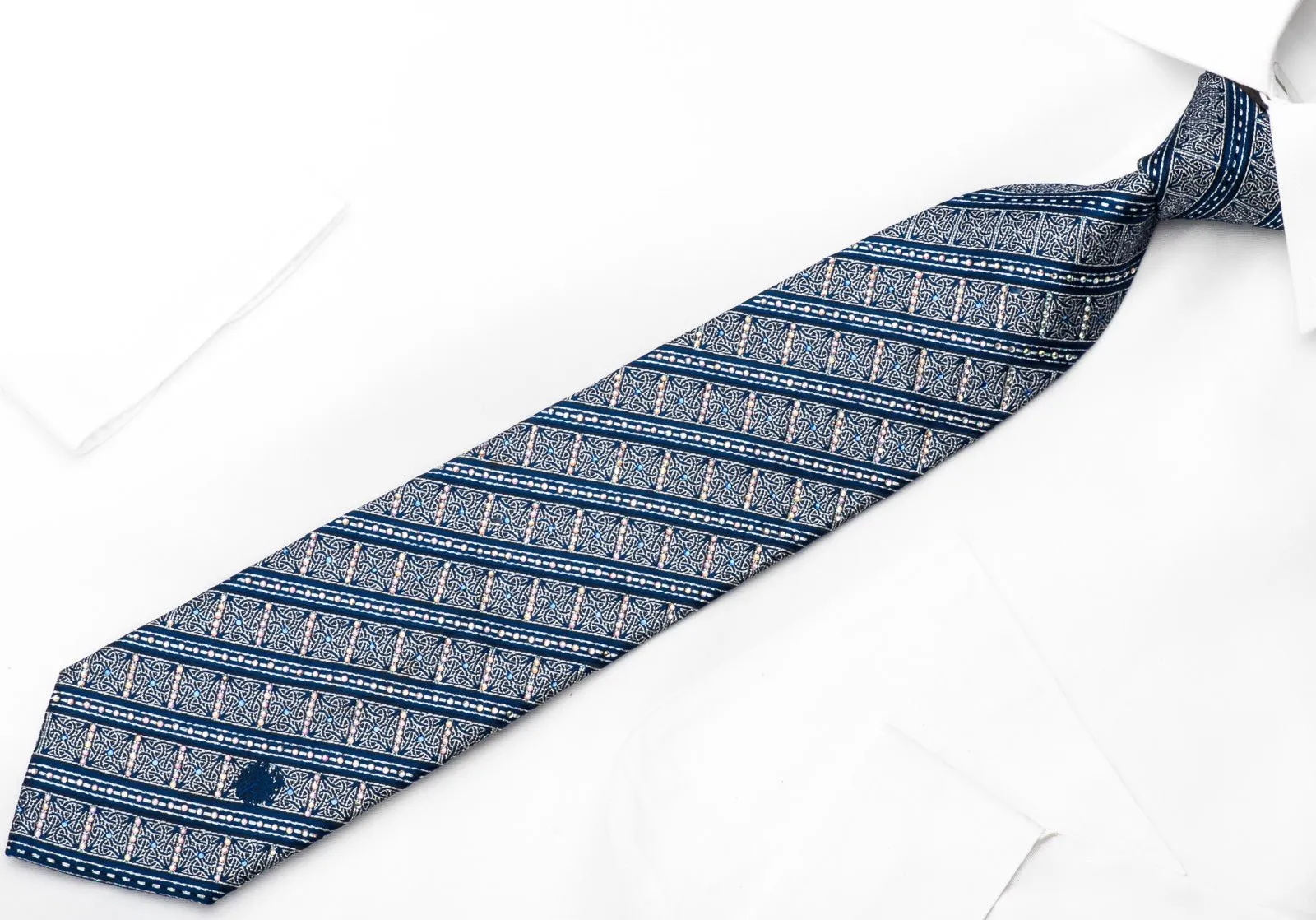 Silver Cartouche & Striped On Blue Rhinestone Silk Necktie With Silver Sparkles