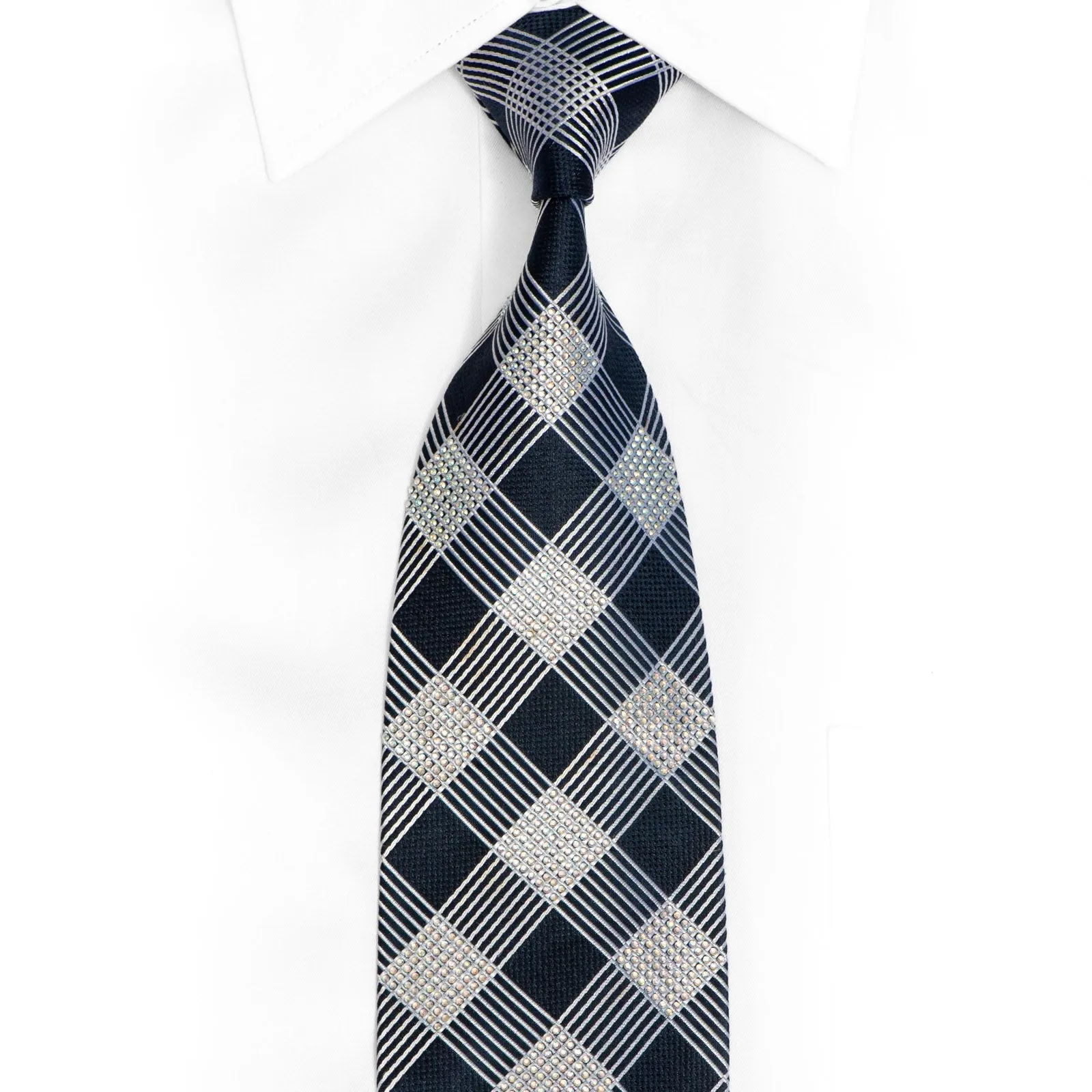 Silver Checkered On Navy Rhinestone Silk Tie