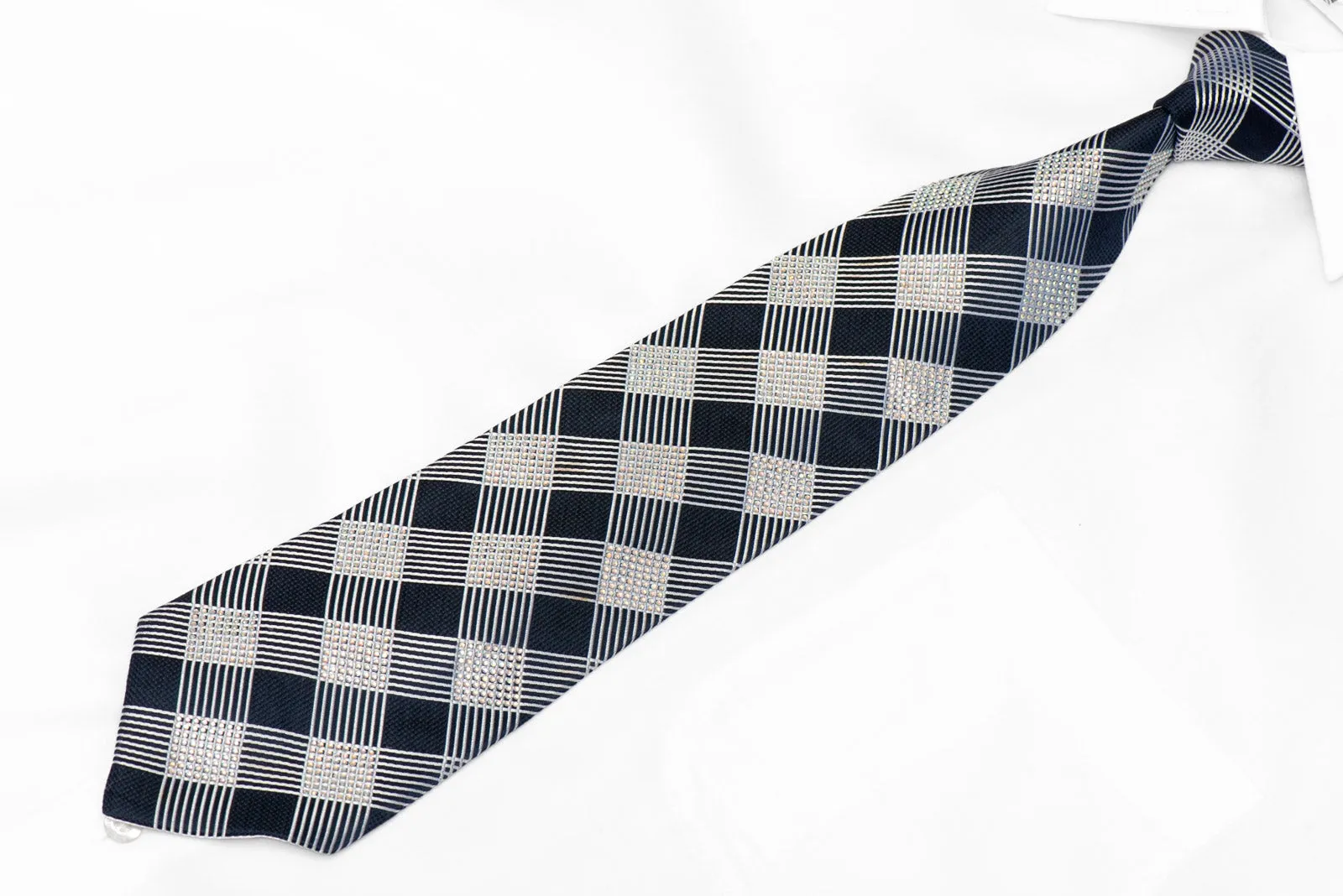 Silver Checkered On Navy Rhinestone Silk Tie