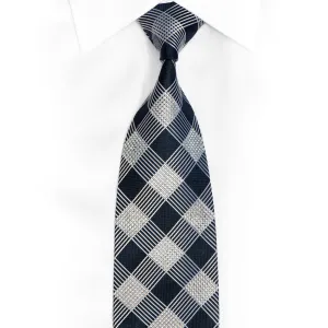 Silver Checkered On Navy Rhinestone Silk Tie