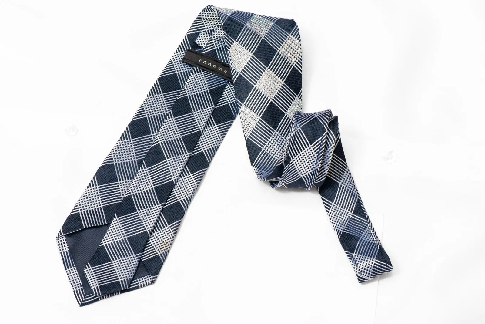 Silver Checkered On Navy Rhinestone Silk Tie