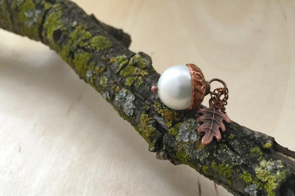 Snow and Copper Pearl Acorn Necklace | Cute Nature Acorn Charm Necklace | Fall Acorn Necklace | Woodland Acorn | Nature Jewelry