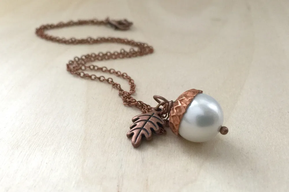 Snow and Copper Pearl Acorn Necklace | Cute Nature Acorn Charm Necklace | Fall Acorn Necklace | Woodland Acorn | Nature Jewelry