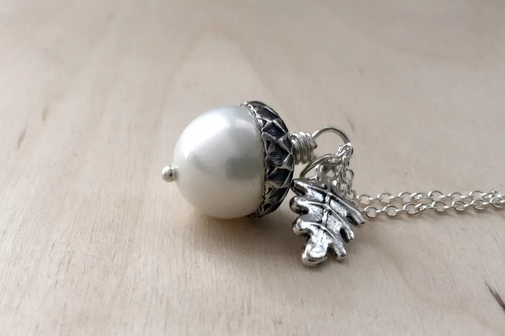 Snow and Silver Pearl Acorn Necklace | Cute Nature Acorn Charm Necklace | Fall Acorn Necklace | Woodland Acorn | Nature Jewelry