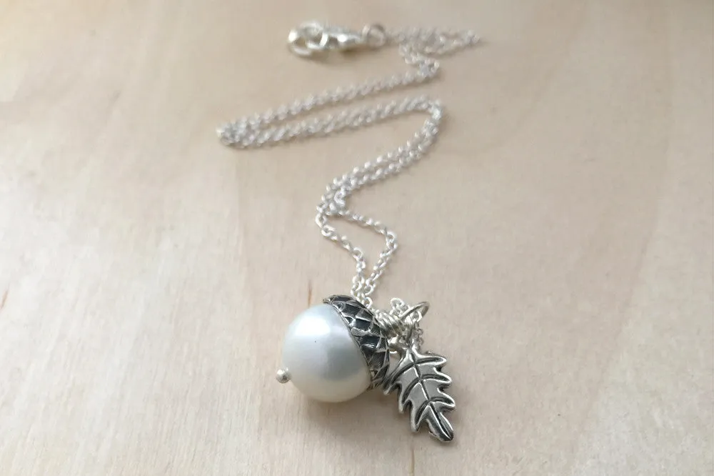 Snow and Silver Pearl Acorn Necklace | Cute Nature Acorn Charm Necklace | Fall Acorn Necklace | Woodland Acorn | Nature Jewelry