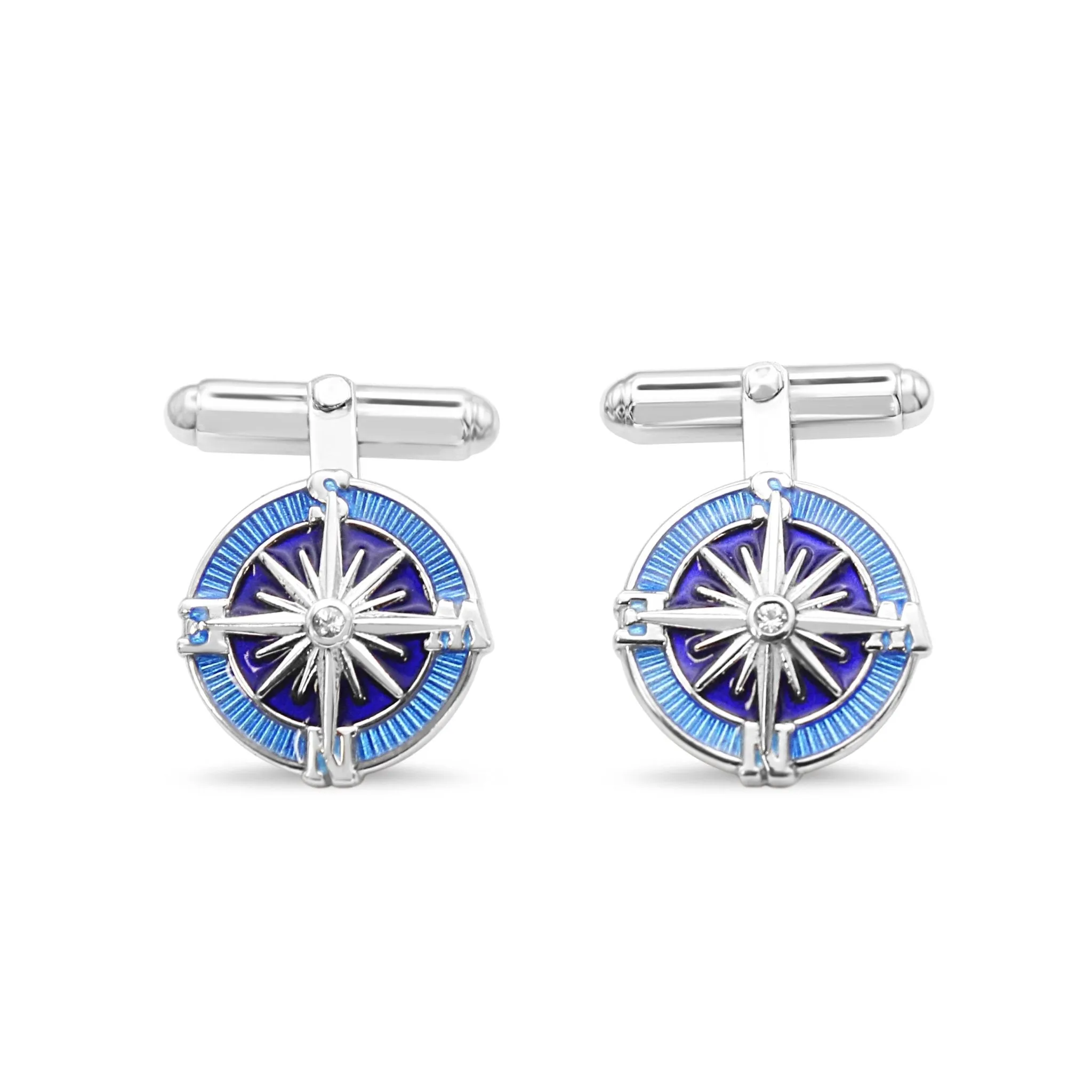 T-Bar Compass Cufflinks with White Sapphire - Sterling Silver