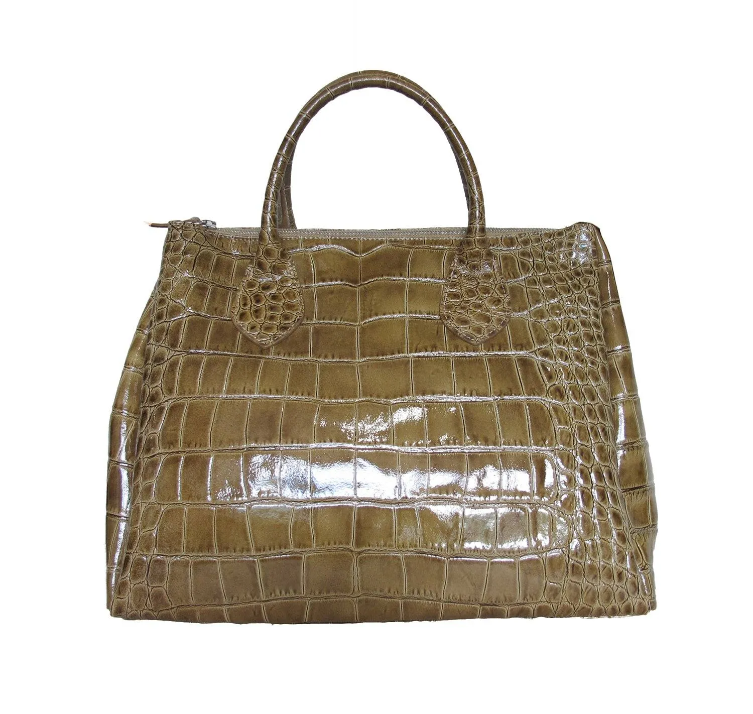 Taupe Olive Leather Handbag Detach Shoulder Strap Croc Embossed Made In Italy