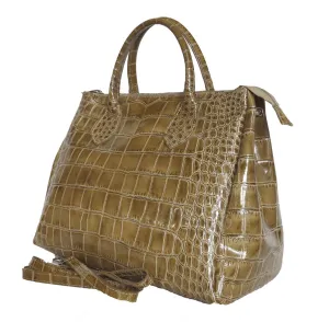 Taupe Olive Leather Handbag Detach Shoulder Strap Croc Embossed Made In Italy