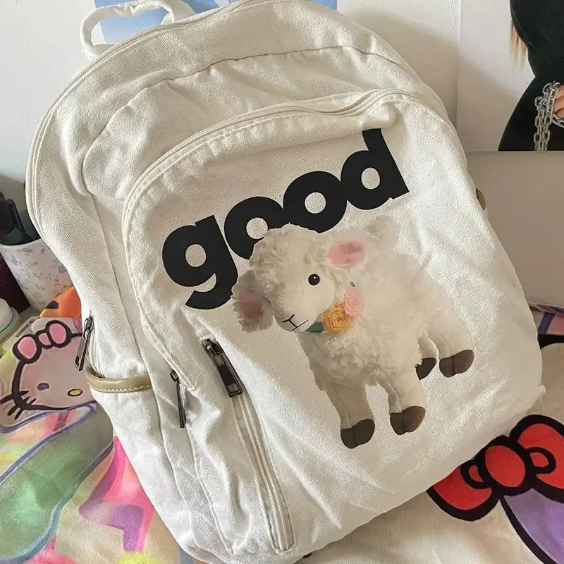 TAVIMART  -  Japanese Cartoon Cute Sheep Letter Printed Women Canvas Bag Y2k Sweet Cool Girls Schoolbags Casual All Match Travel Backpacks