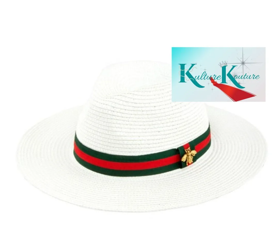 Tight White Bee Stripe Straw Fedora Hat