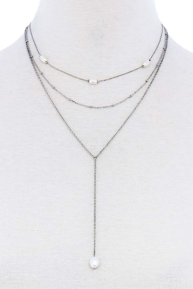 Triple Layer Pearl Drop Accent Y Necklace