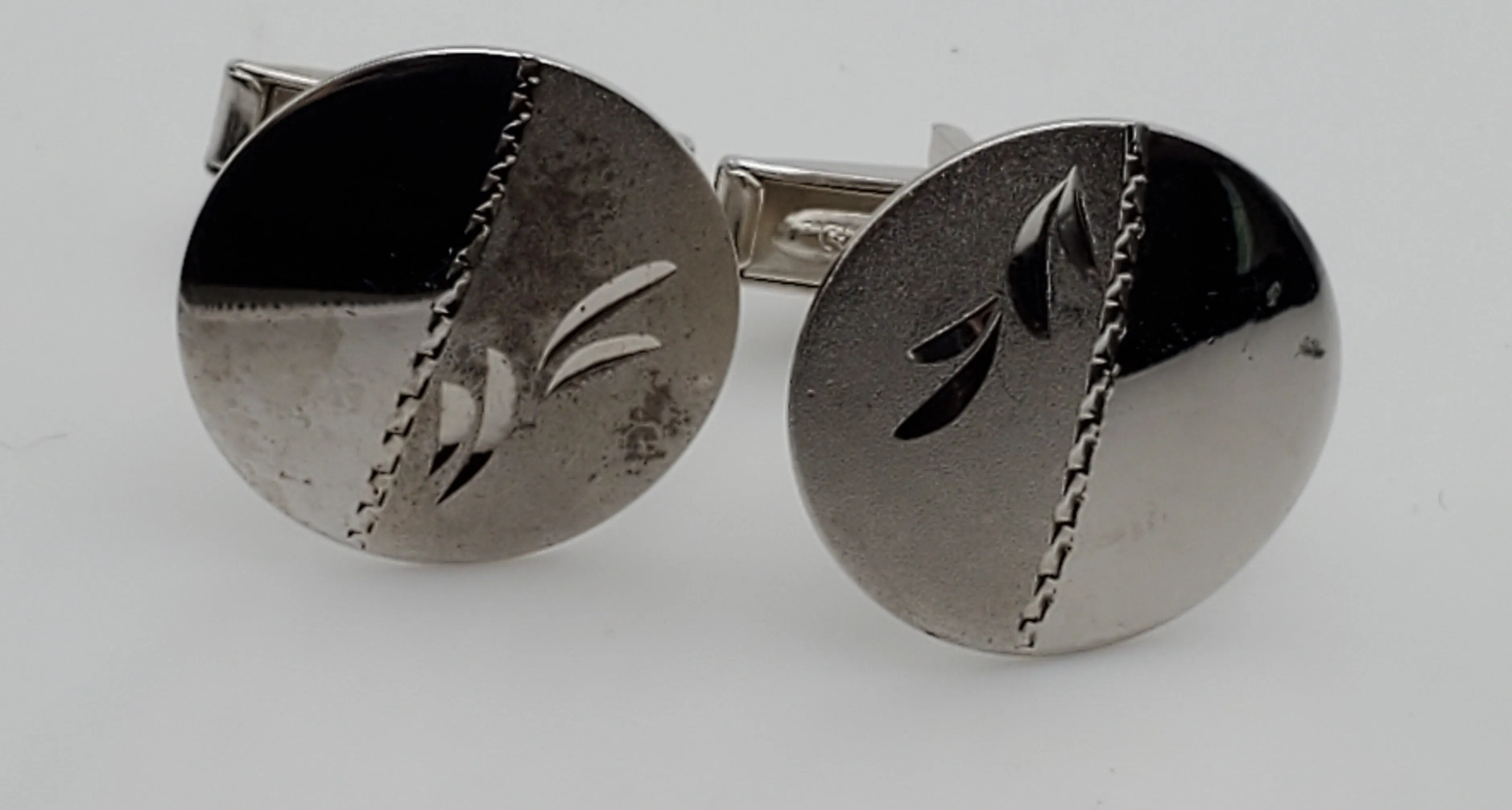 Vintage Half-Polished Half-Brushed Sterling Silver Round Cufflinks