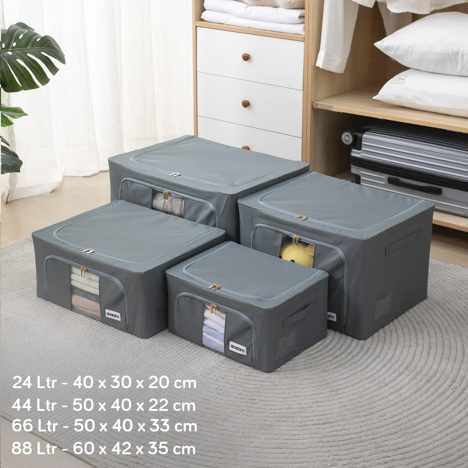 Wardrobe Organizer Underbed Storage Zippered Cloth Box, 24ltr 40x30x20cm, Grey