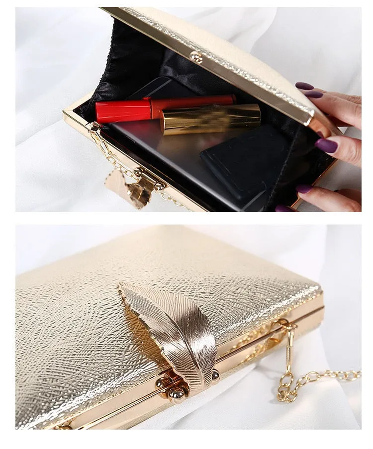 Women's Sleek Stylish Evening Metal Leaf Lock Clutch Bag