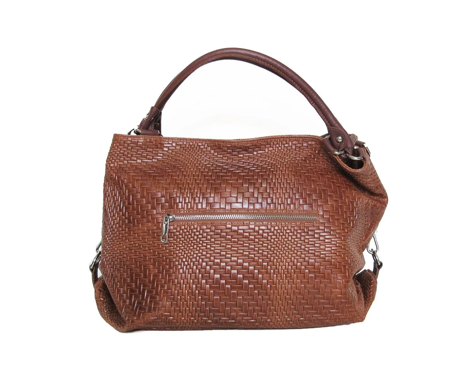 Woven Braided Pattern Medium Brown Leather Large Handbag Handmade In Italy