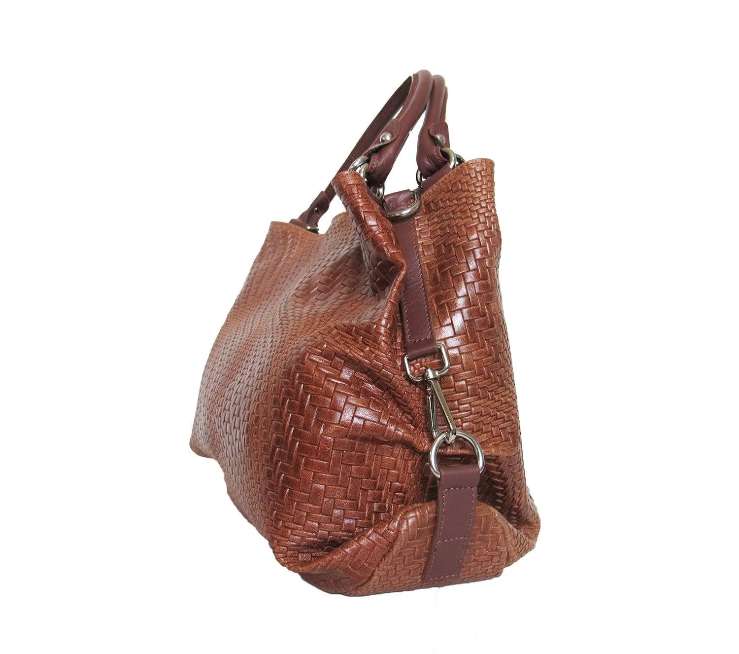 Woven Braided Pattern Medium Brown Leather Large Handbag Handmade In Italy