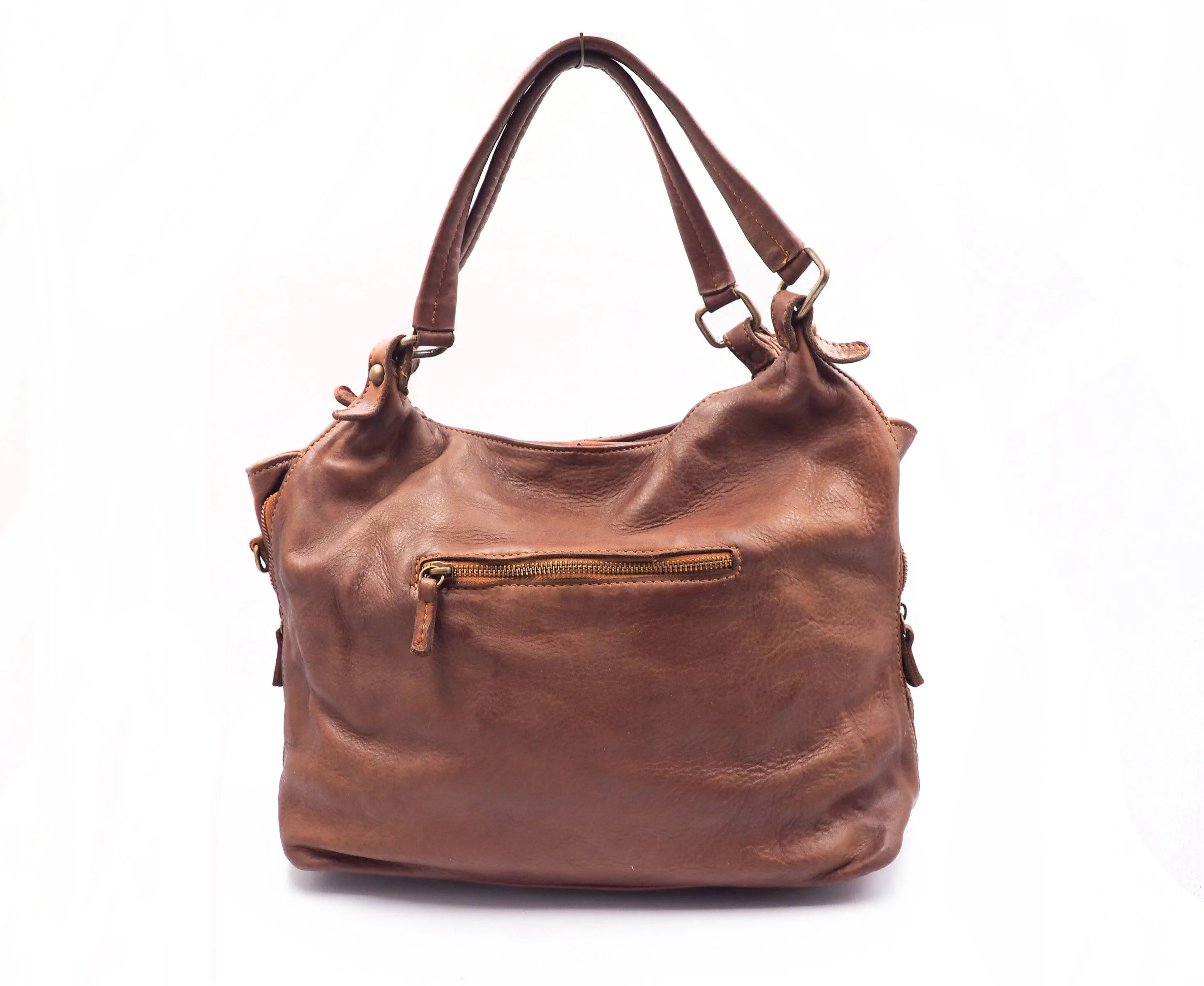 Woven Vintage Style Expandable Brown Super Soft Washed Calf Leather Handbag Made In Italy