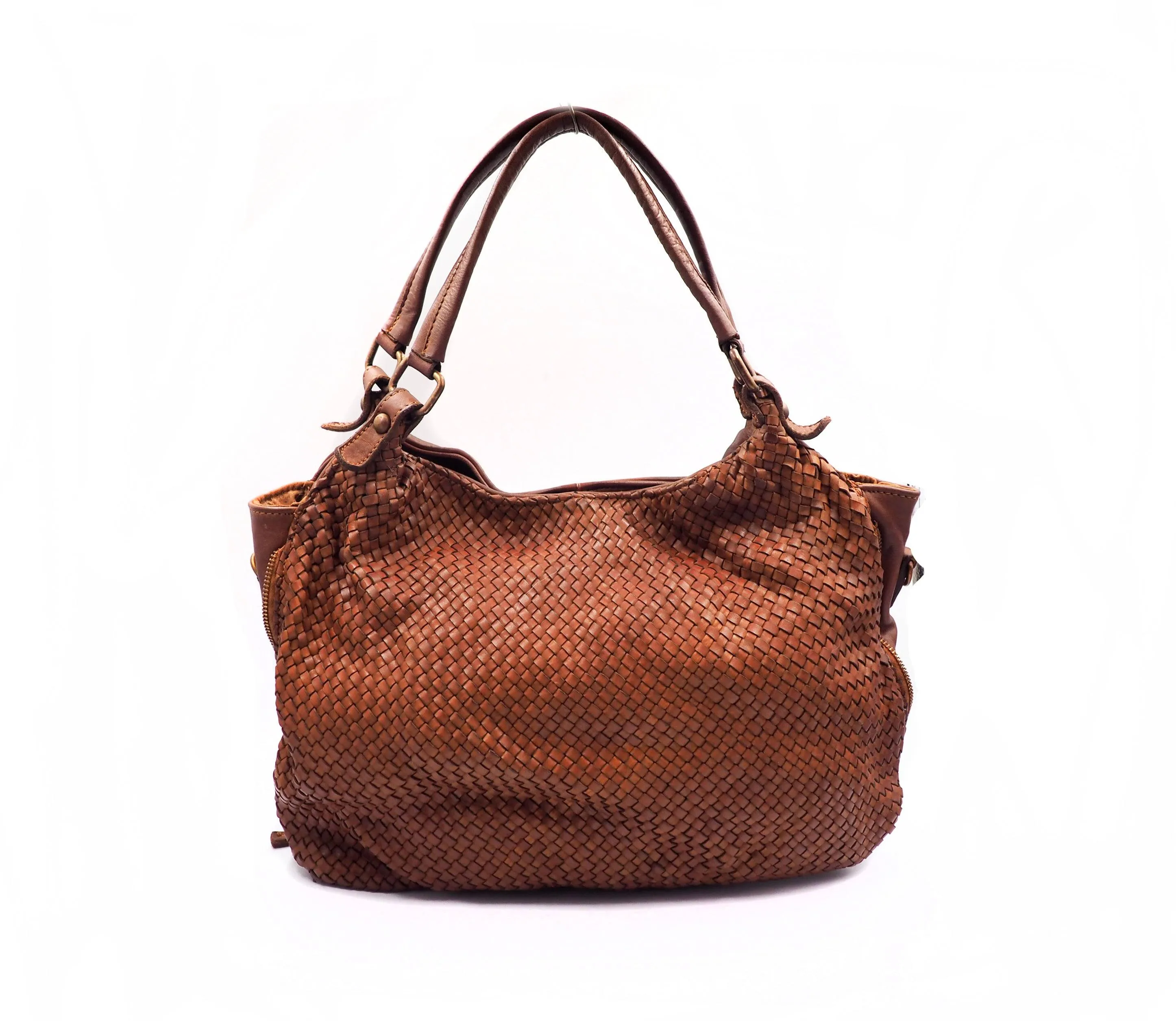 Woven Vintage Style Expandable Brown Super Soft Washed Calf Leather Handbag Made In Italy