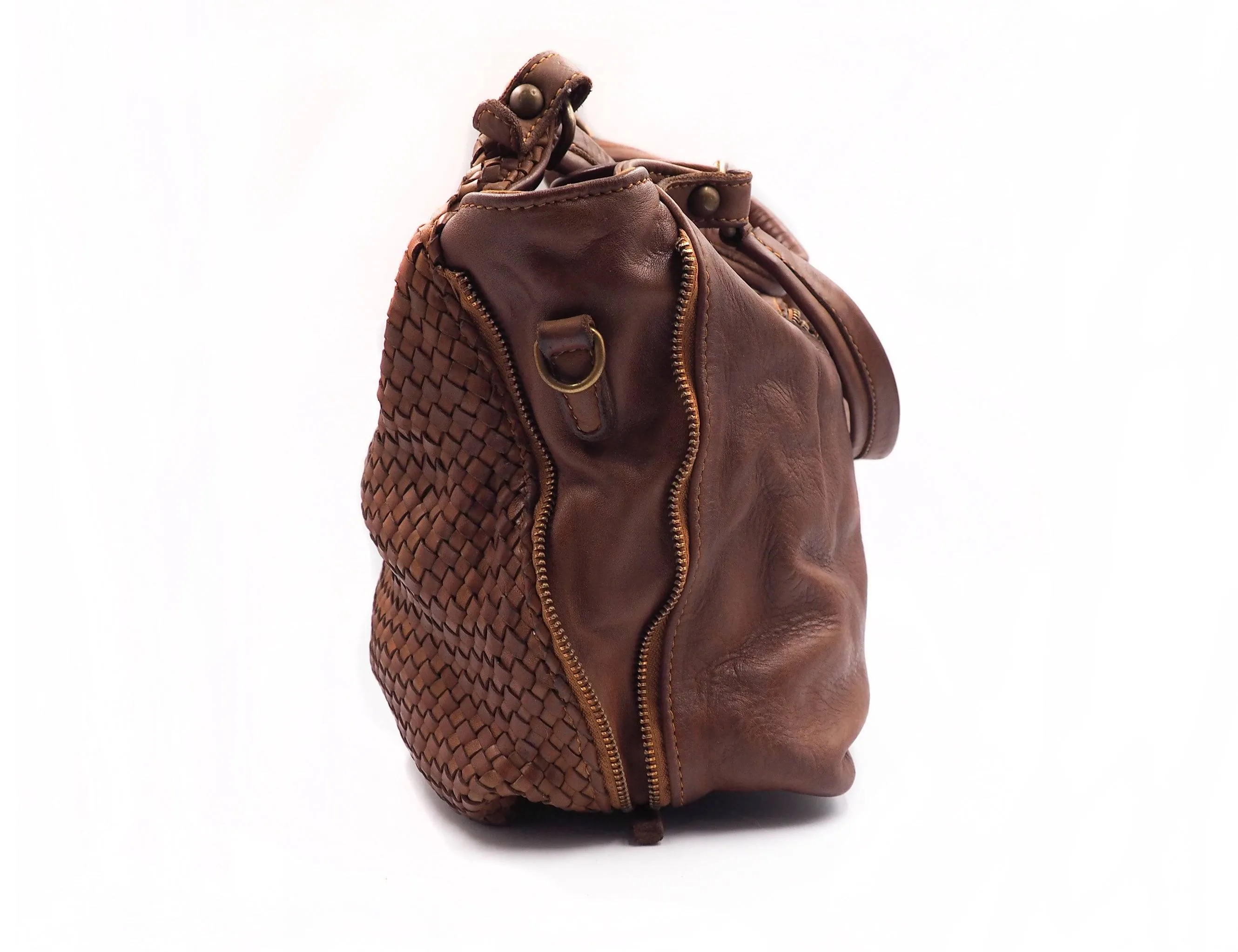 Woven Vintage Style Expandable Brown Super Soft Washed Calf Leather Handbag Made In Italy