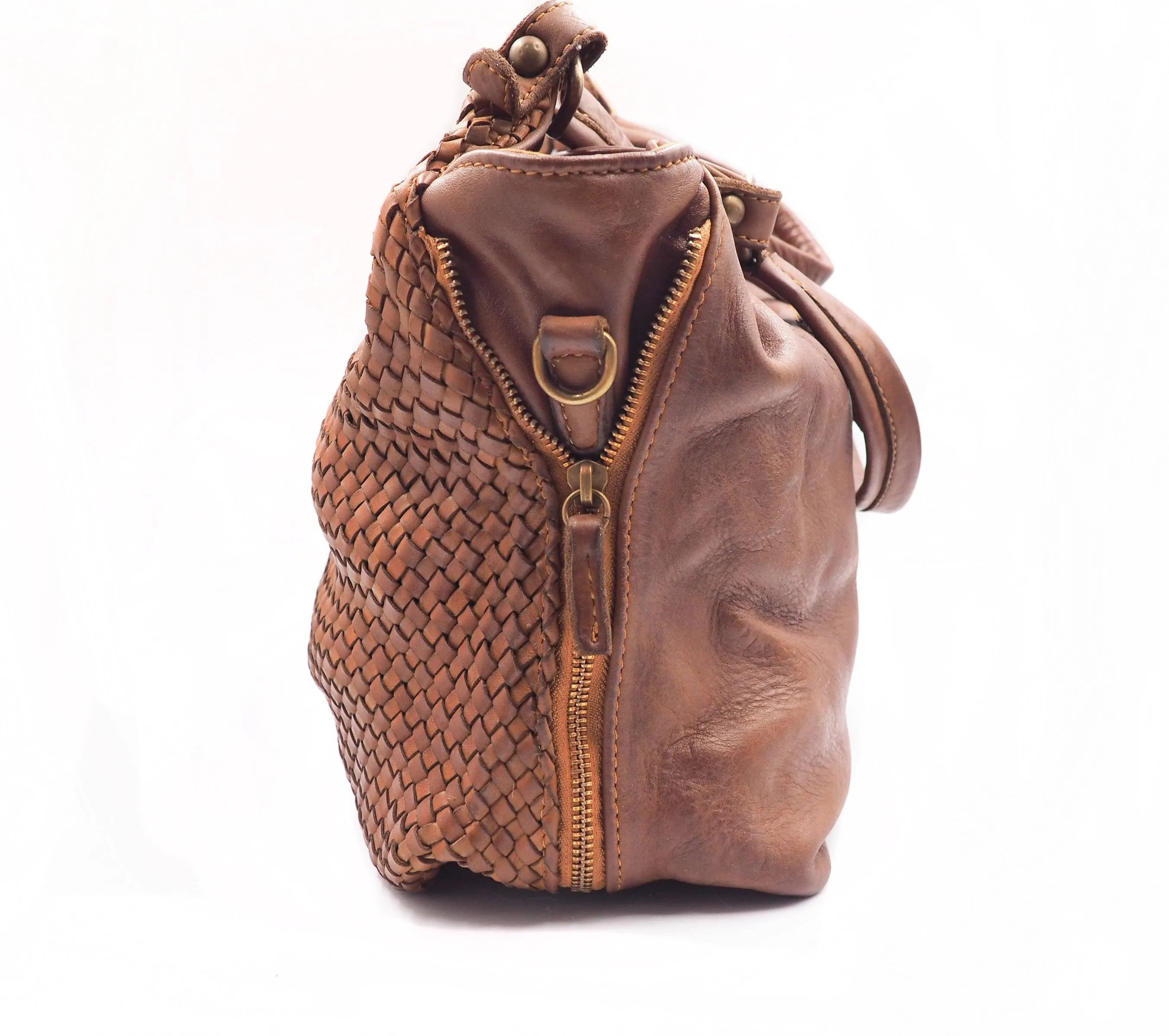 Woven Vintage Style Expandable Brown Super Soft Washed Calf Leather Handbag Made In Italy