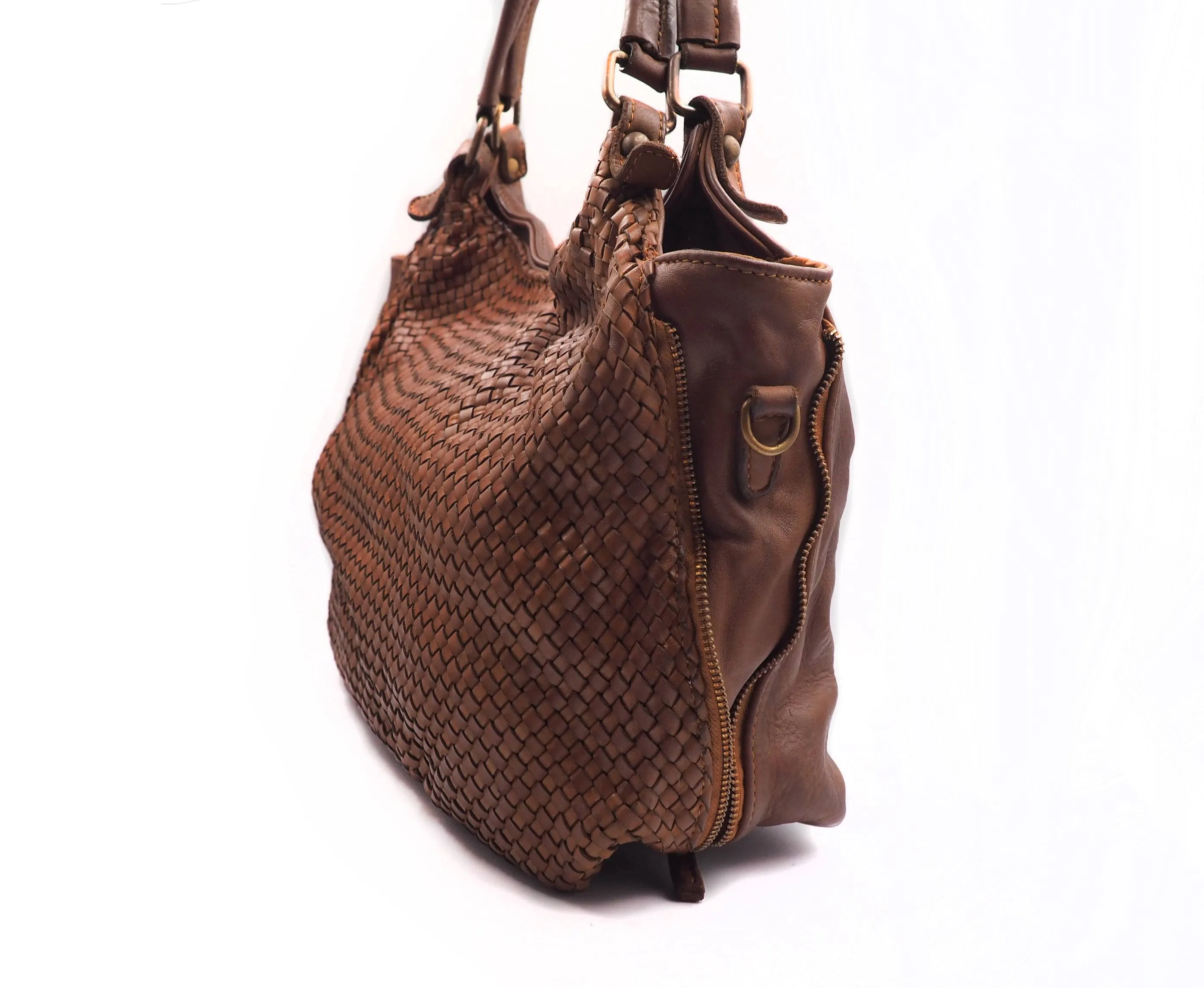 Woven Vintage Style Expandable Brown Super Soft Washed Calf Leather Handbag Made In Italy