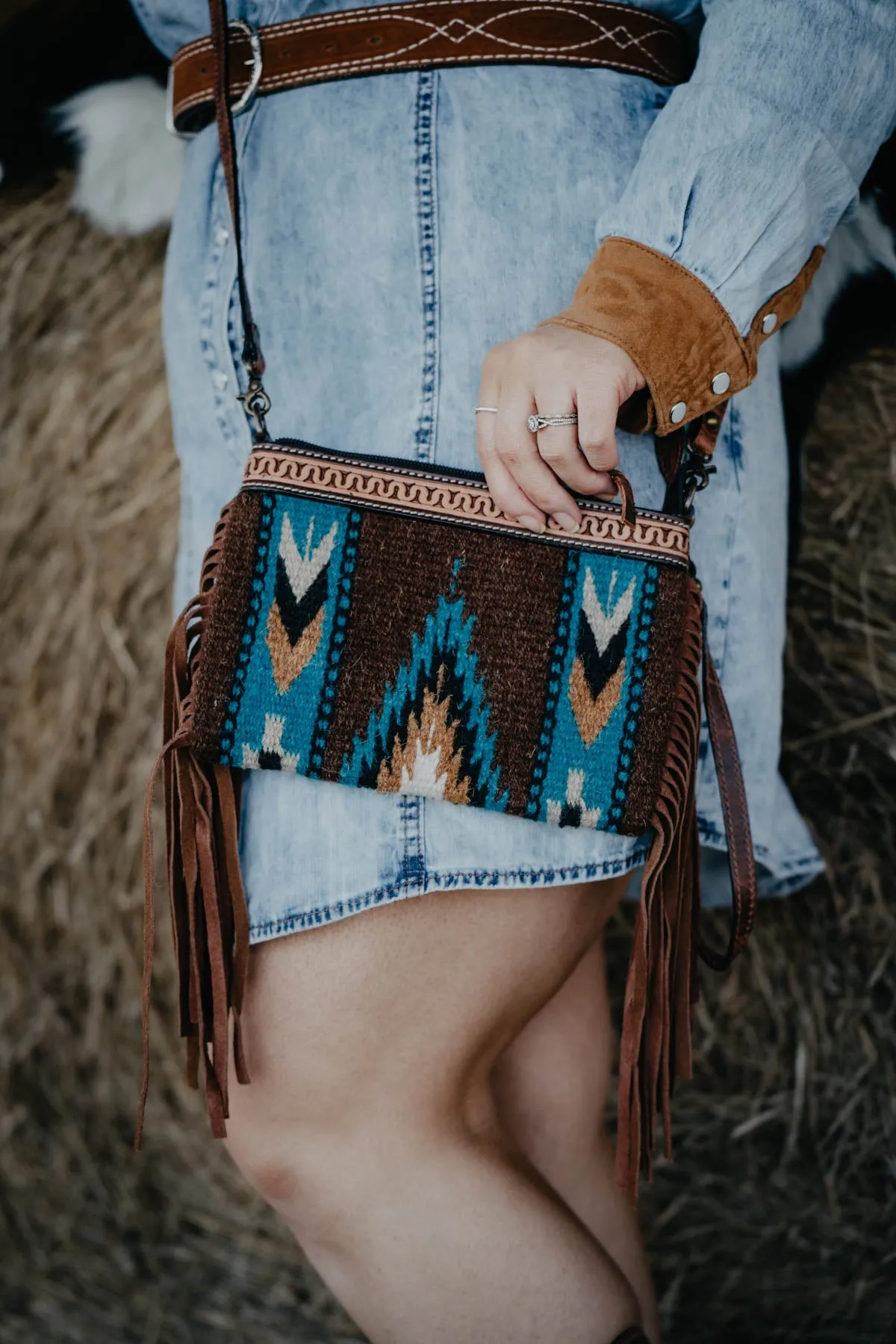 Wristlet Hand Bag Blue & Tan (Wool with Tooled Top)