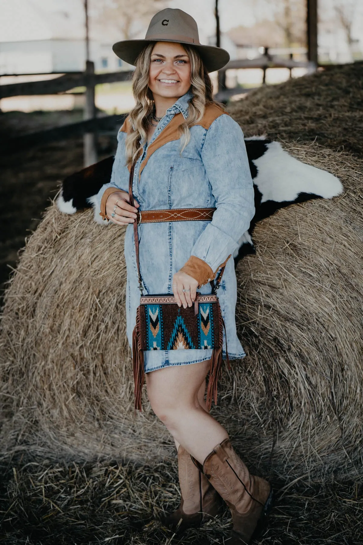 Wristlet Hand Bag Blue & Tan (Wool with Tooled Top)